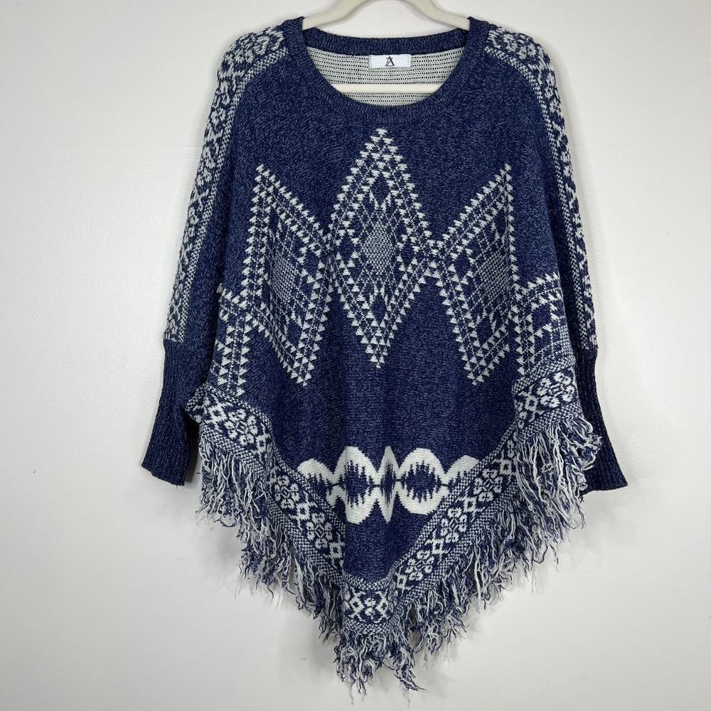 Aztec Blue &‎ White Printed Fringe Trim Knit Poncho